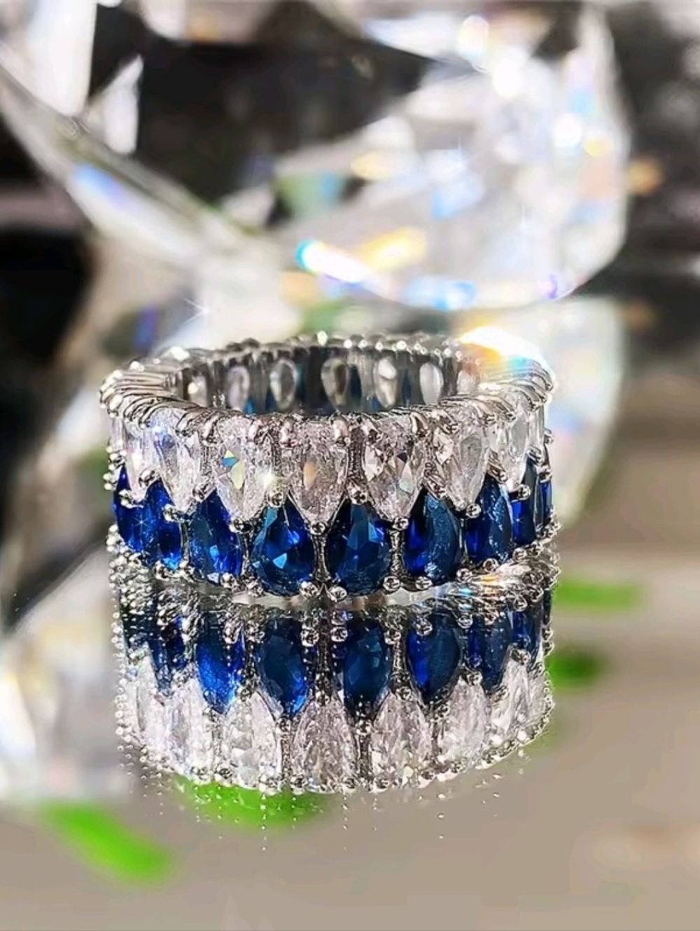 Silver color Ring with Blue and Clear Stones - Women Jewelry - Picture 4 of 8